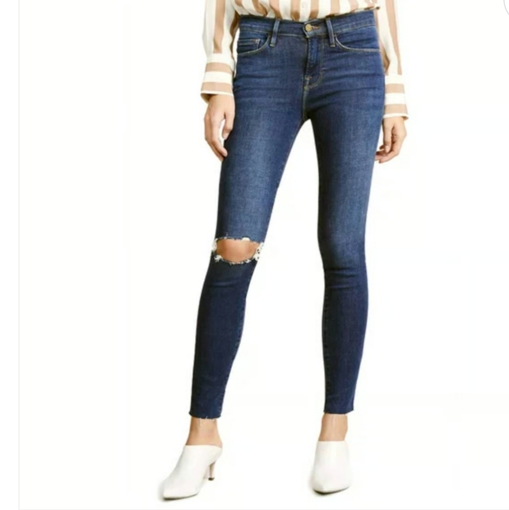 FRAME DENIM | Women's Le Skinny de Jeanne Cropped Sunfaded Rips Fray Hem Jeans